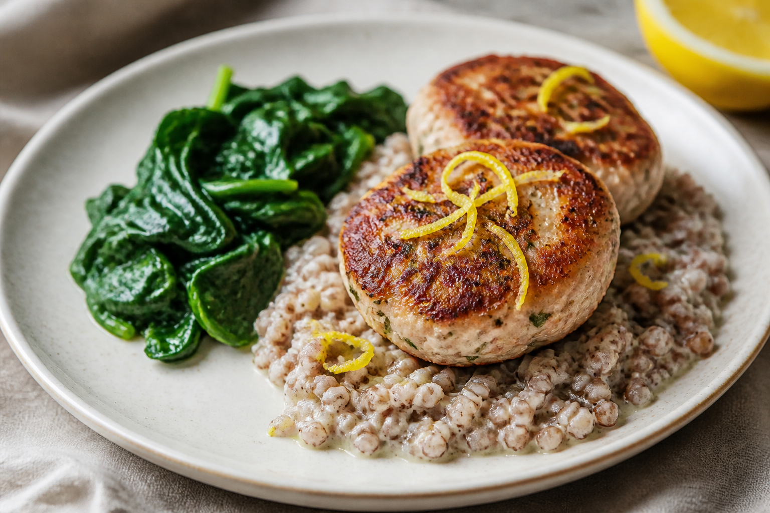 Lemon Turkey and Ricotta Patties with Creamy Buckwheat and Sautéed Spinach