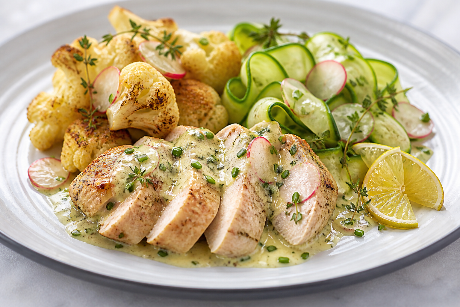Pollo al tomillo cítrico con salsa tibia de rábano y mantequilla de cebollín, acompañado de coliflor dorada y tiras de calabacín