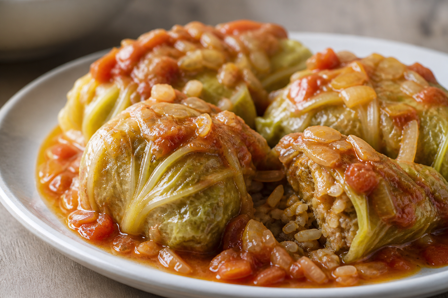 Budget Cabbage Rolls with Broken Rice, Egg, and Spiced Tomato Sauce