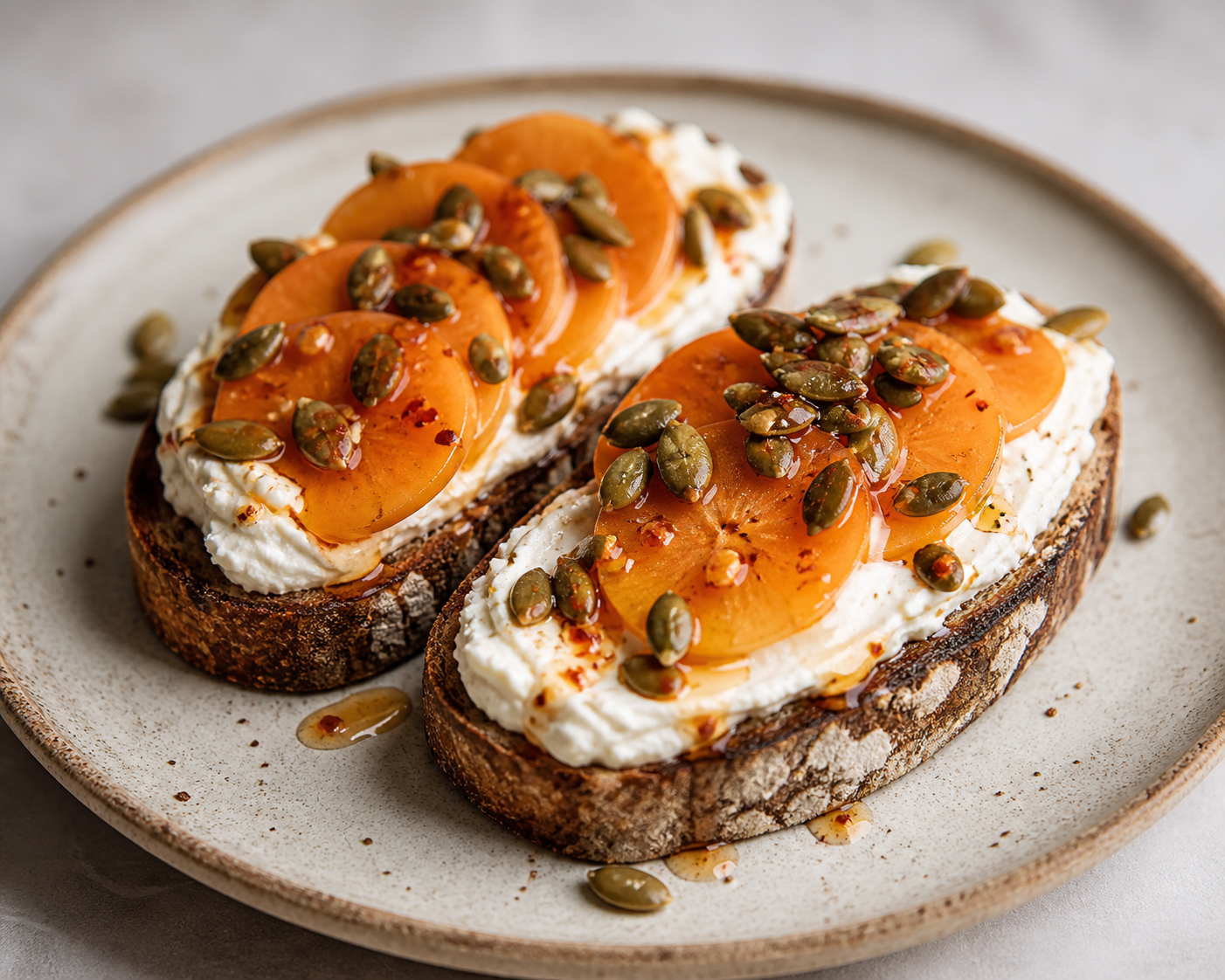 Tostadas exprés de feta batida con caqui, pepitas al comino y miel de chile