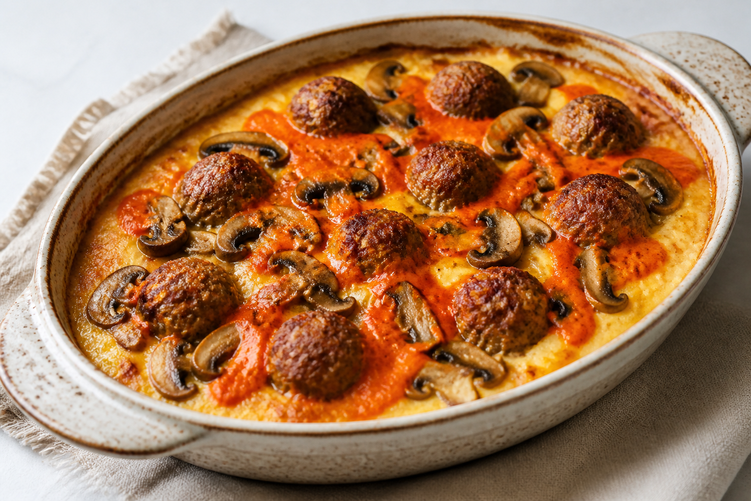 Pastel Familiar de Polenta con Albóndigas de Res, Champiñones y Salsa Cremosa de Pimiento Asado
