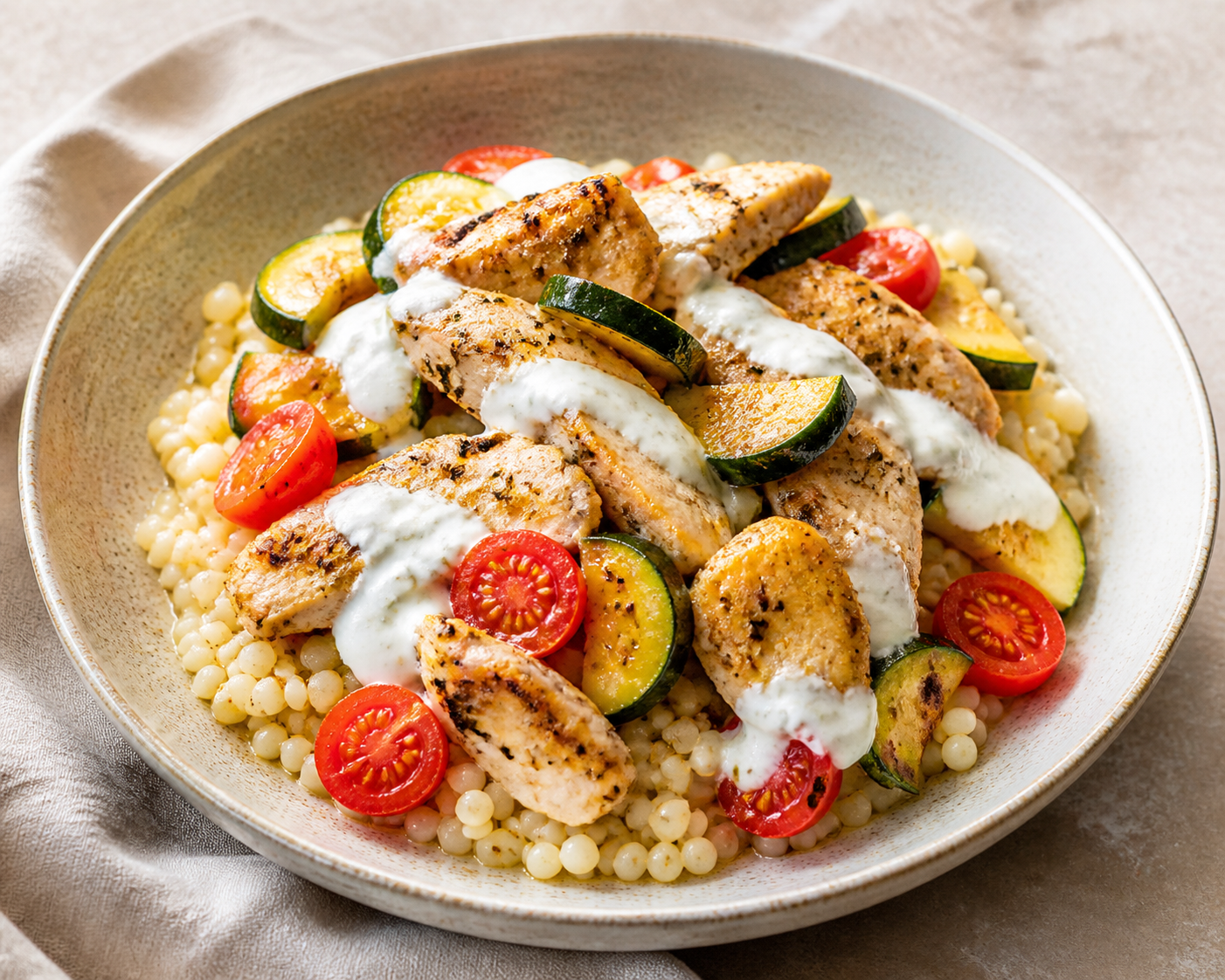 Cuscús perlado exprés con pavo al zaatar, calabacín dorado y yogur de limón