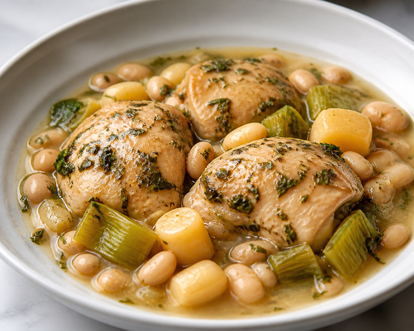 Slow Cooker Chicken with Parsnip, Leek, and a Light Cider, Tarragon, and Bean Sauce