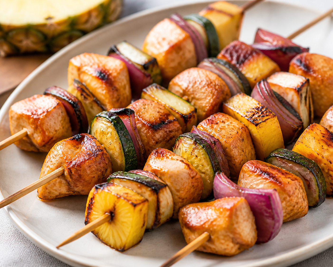 Brochetas de pollo a la parrilla con piña morada, calabacita y adobo de guajillo, naranja y orégano