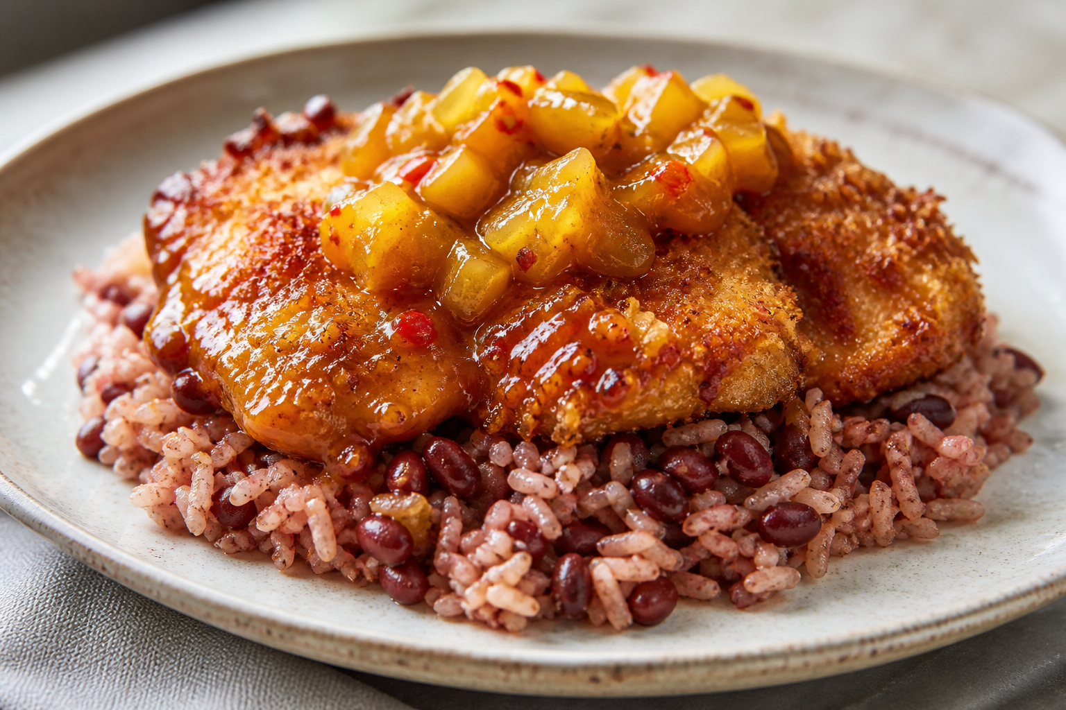 Pollo Caribeño al Horno con Costra de Coco y Mermelada Picante de Piña sobre Arroz Moro de Frijoles Rojos