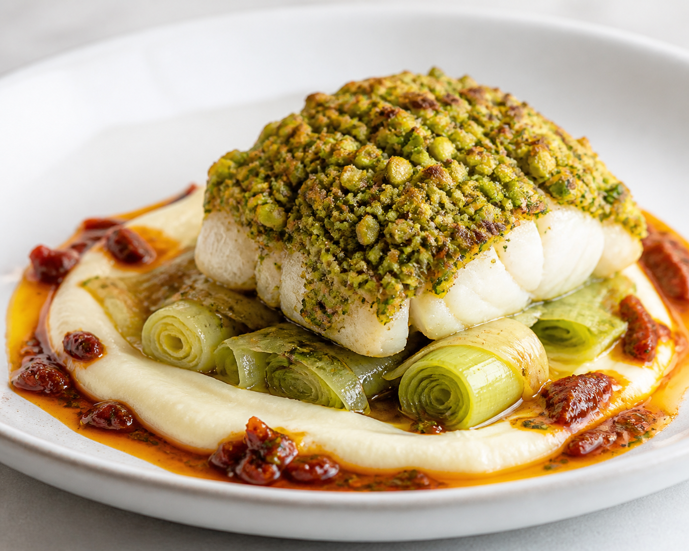 Bacalao Mediterráneo con Costra de Pistacho y Hierbas sobre Puré de Coliflor, Puerro Braseado y Vinagreta Tibia de Tomate Seco
