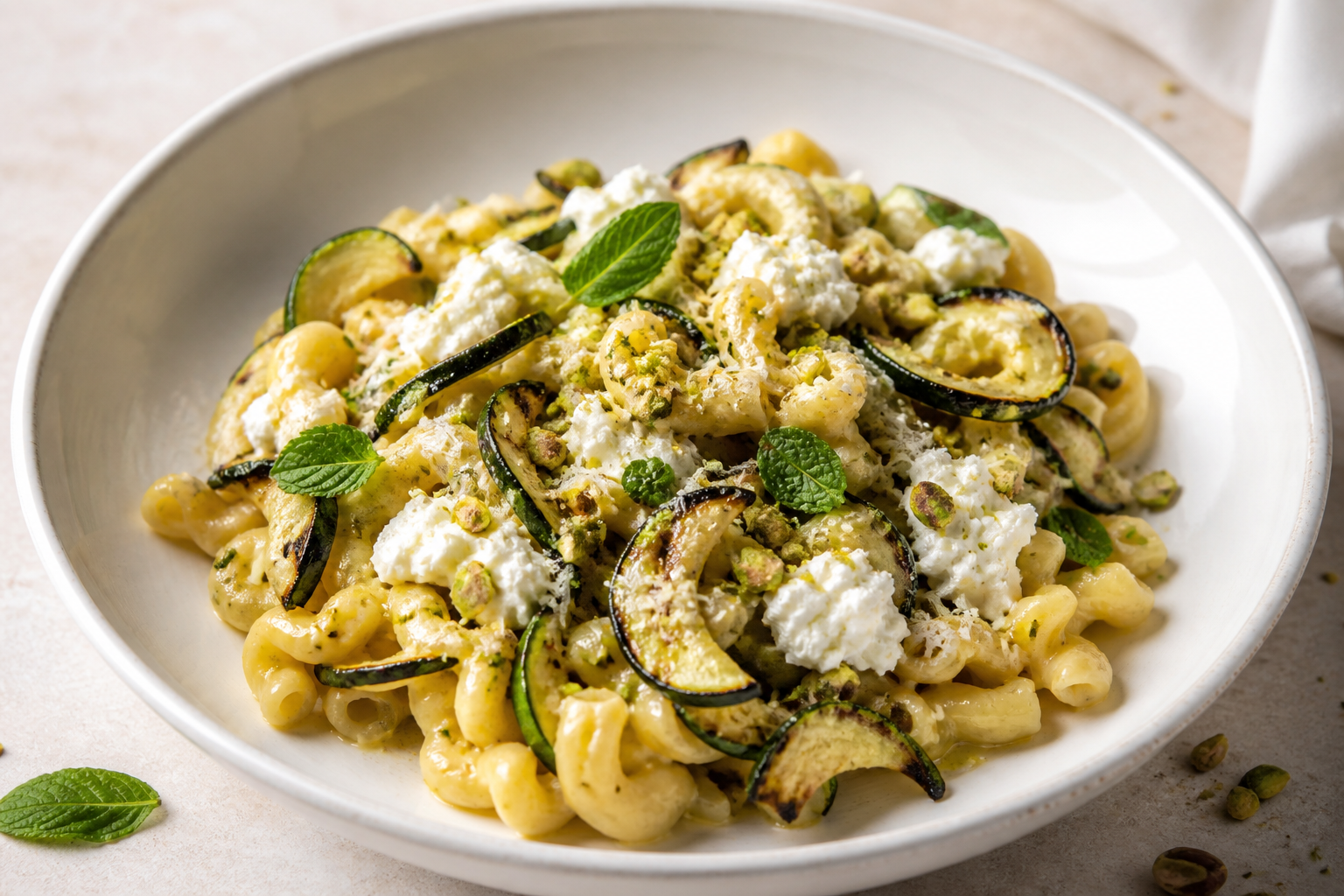Gramigna cremosa con calabacín chamuscado, ricotta al limón y crumble de pistacho y menta