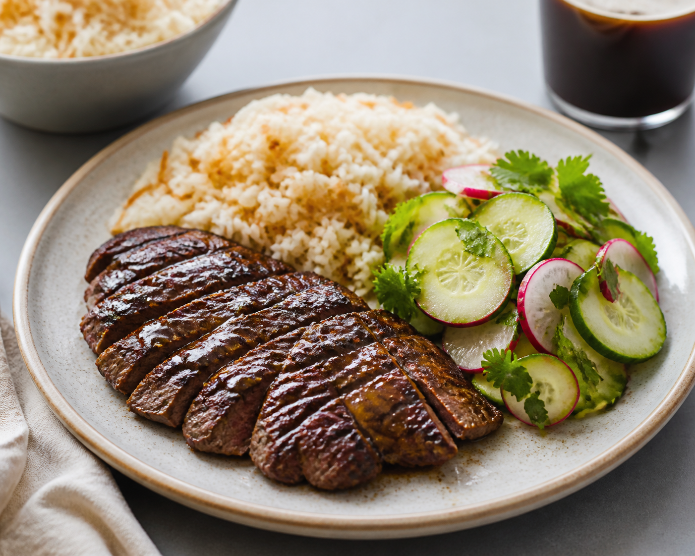Bistec criollo al café y limón con arroz de coco tostado y ensalada de pepino, rábano y hierbas
