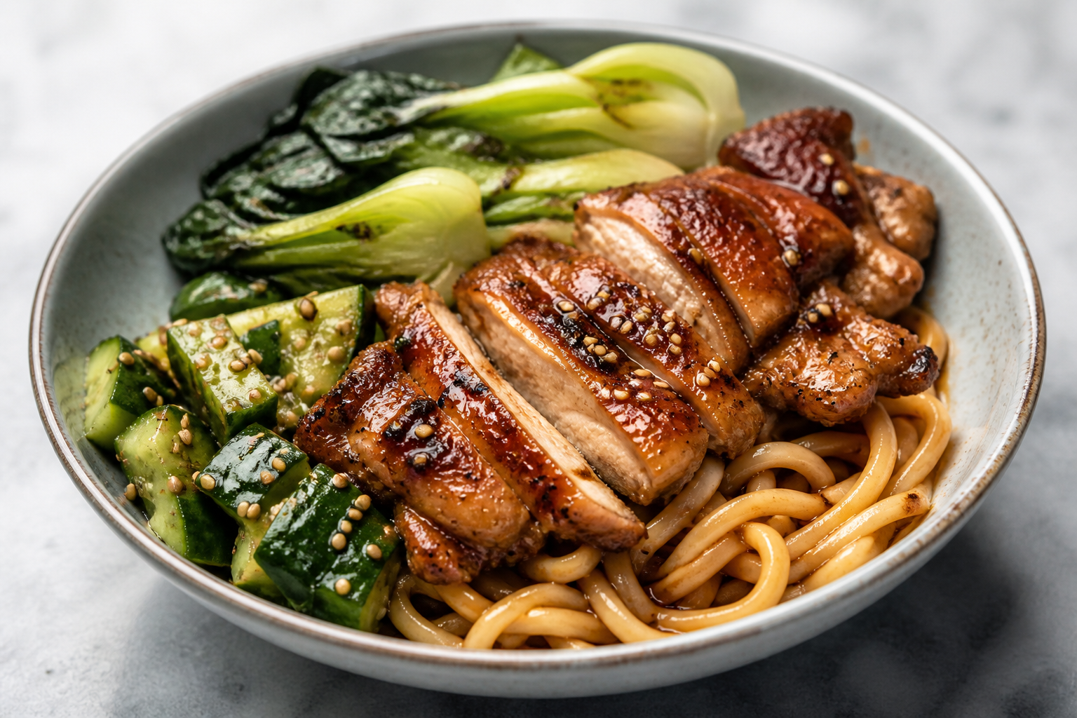 Fideos udon con pollo glaseado de café y anís, pak choi salteado y pepino machacado con sésamo