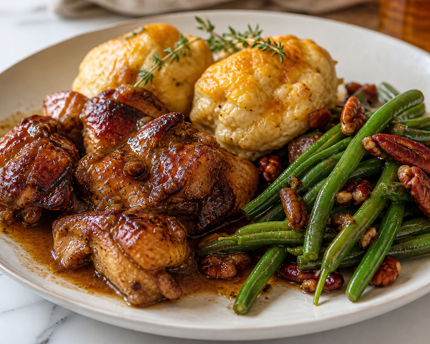 Sartén de pollo bourbon ahumado con dumplings de cheddar y ensalada tibia de ejotes con nuez pacana