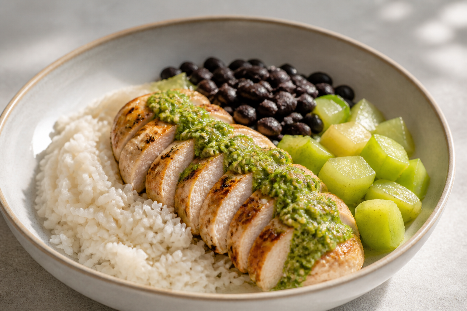 Bowl templado de pollo al pesto de pepita y lima con arroz de coco suave, chayote salteado y frijol negro crujiente