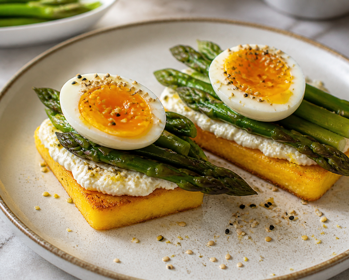 Crispy polenta toasts with citrus ricotta, sautéed asparagus, and sesame eggs