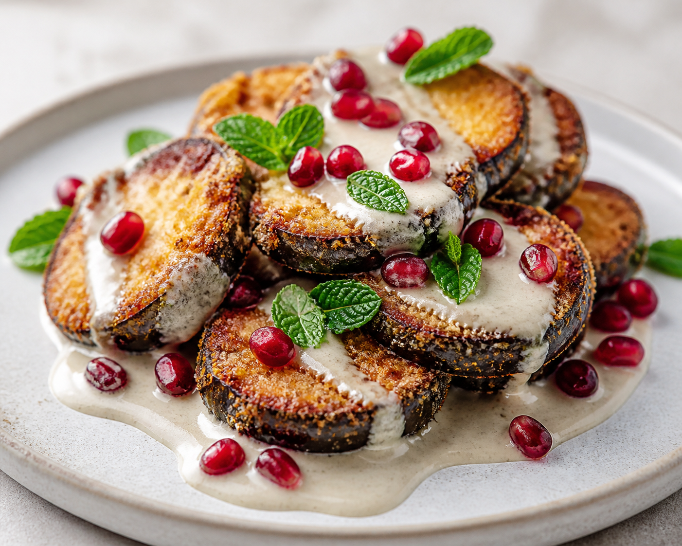 Crispy Eggplant Bites with Lemon Tahini Cream, Fresh Pomegranate, and Mint