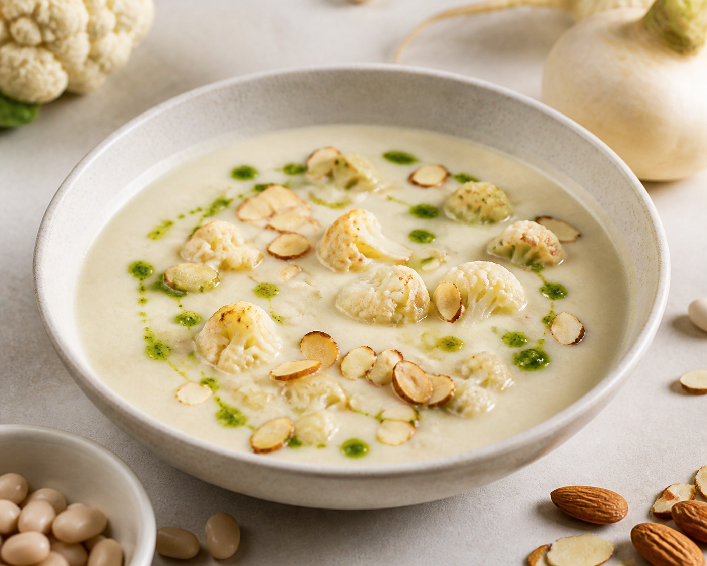 Creamy cauliflower, turnip and white bean soup with chive oil and toasted almonds