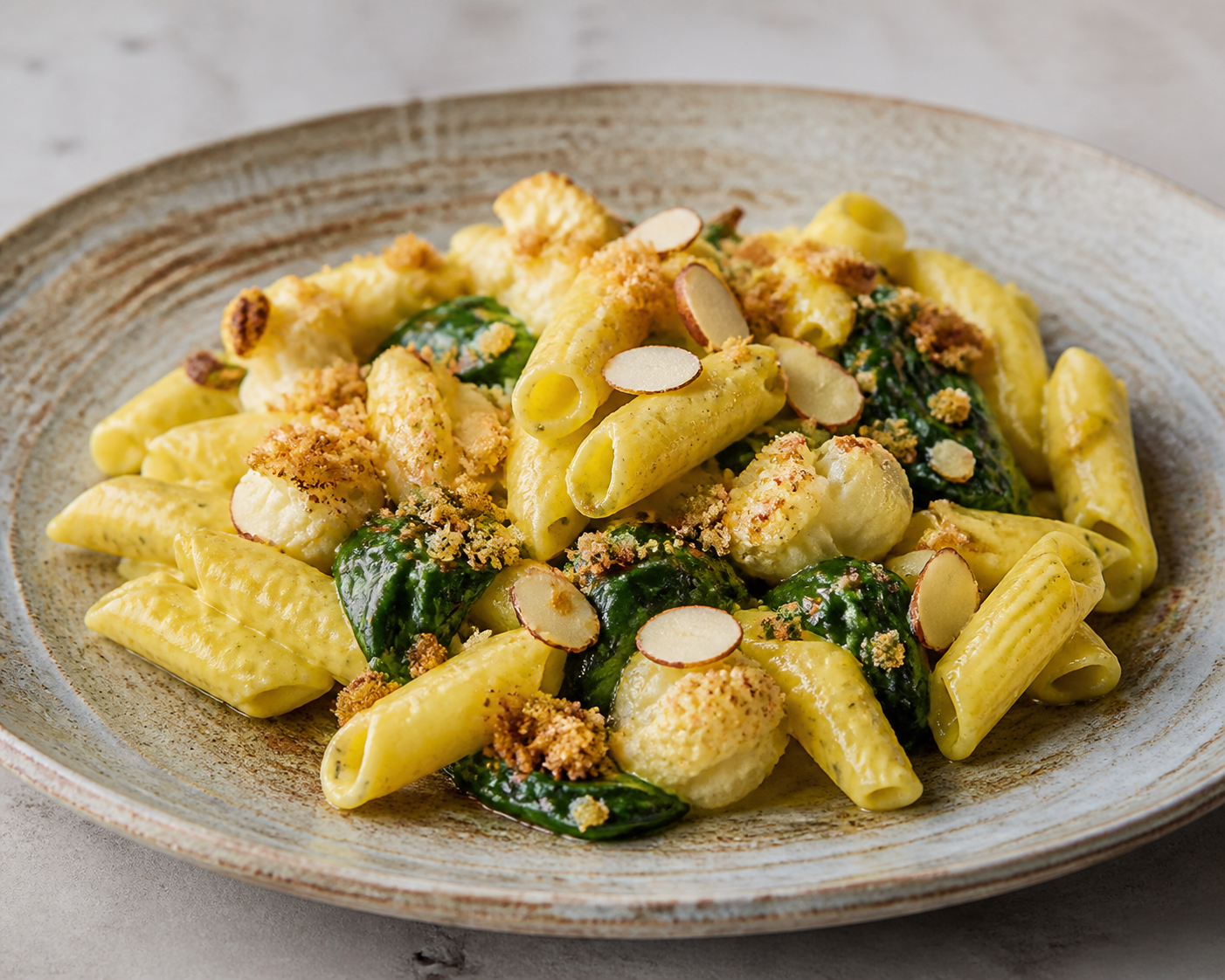 Creamy Garganelli with Roasted Cauliflower, Saffron and Almond, with Sautéed Spinach and Garlic Crumbs
