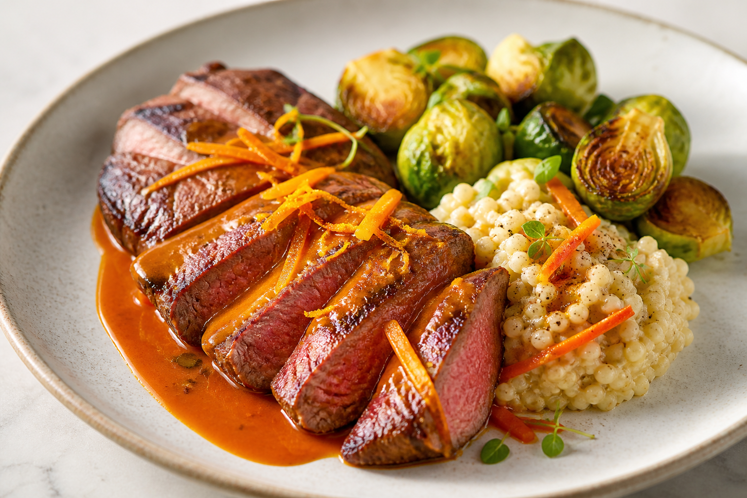 Beef Steak with Smoked Carrot Orange Sauce, served with Creamy Millet and Golden Brussels Sprouts