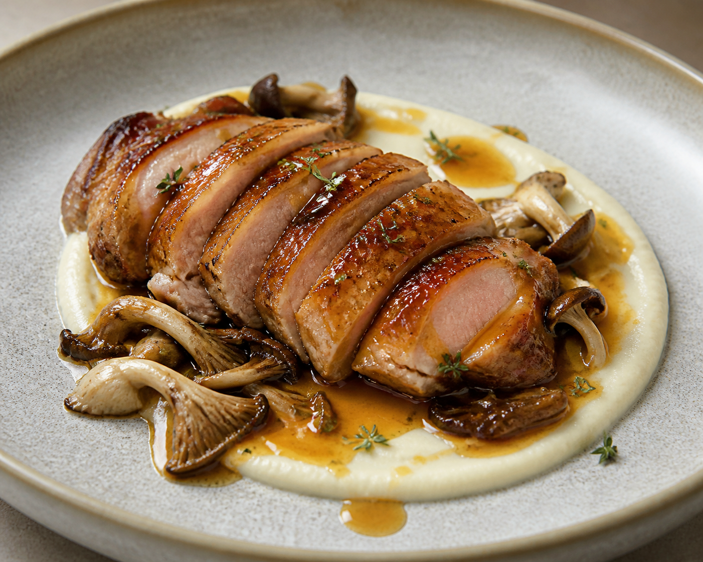 Pork Secreto with Mandarin-Miso Glaze, Roasted Cauliflower Cream and Thyme Mushrooms