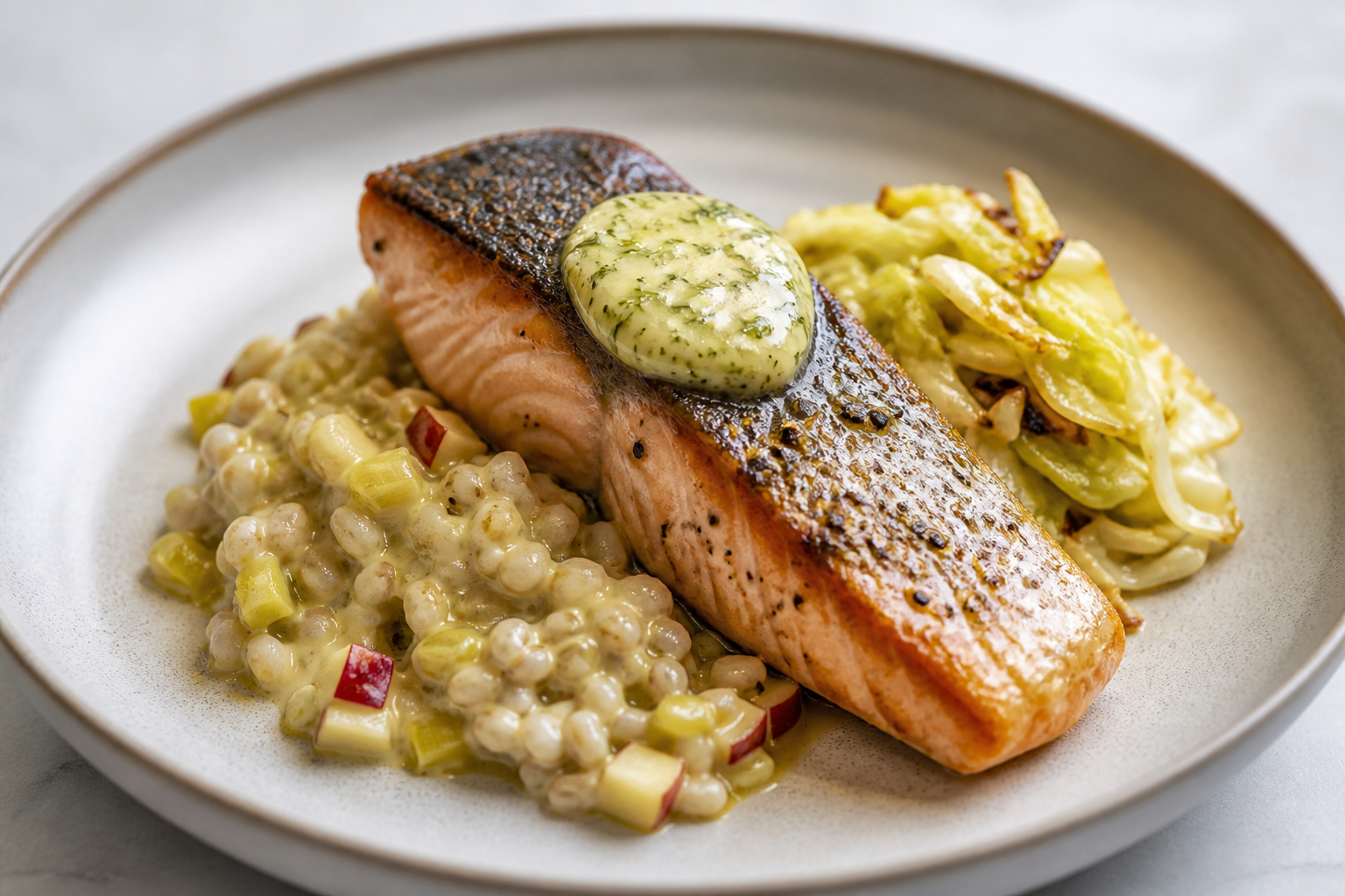 Seared Salmon with Mustard-Dill Butter, Creamy Leek and Apple Barley, and Sautéed Cabbage