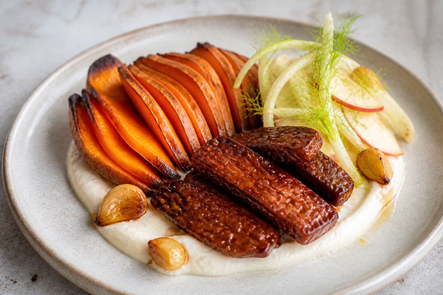 Abanicos de boniato asado con crema de alubias al ajo confitado, tempeh glaseado al tamari y ensalada tibia de manzana e hinojo