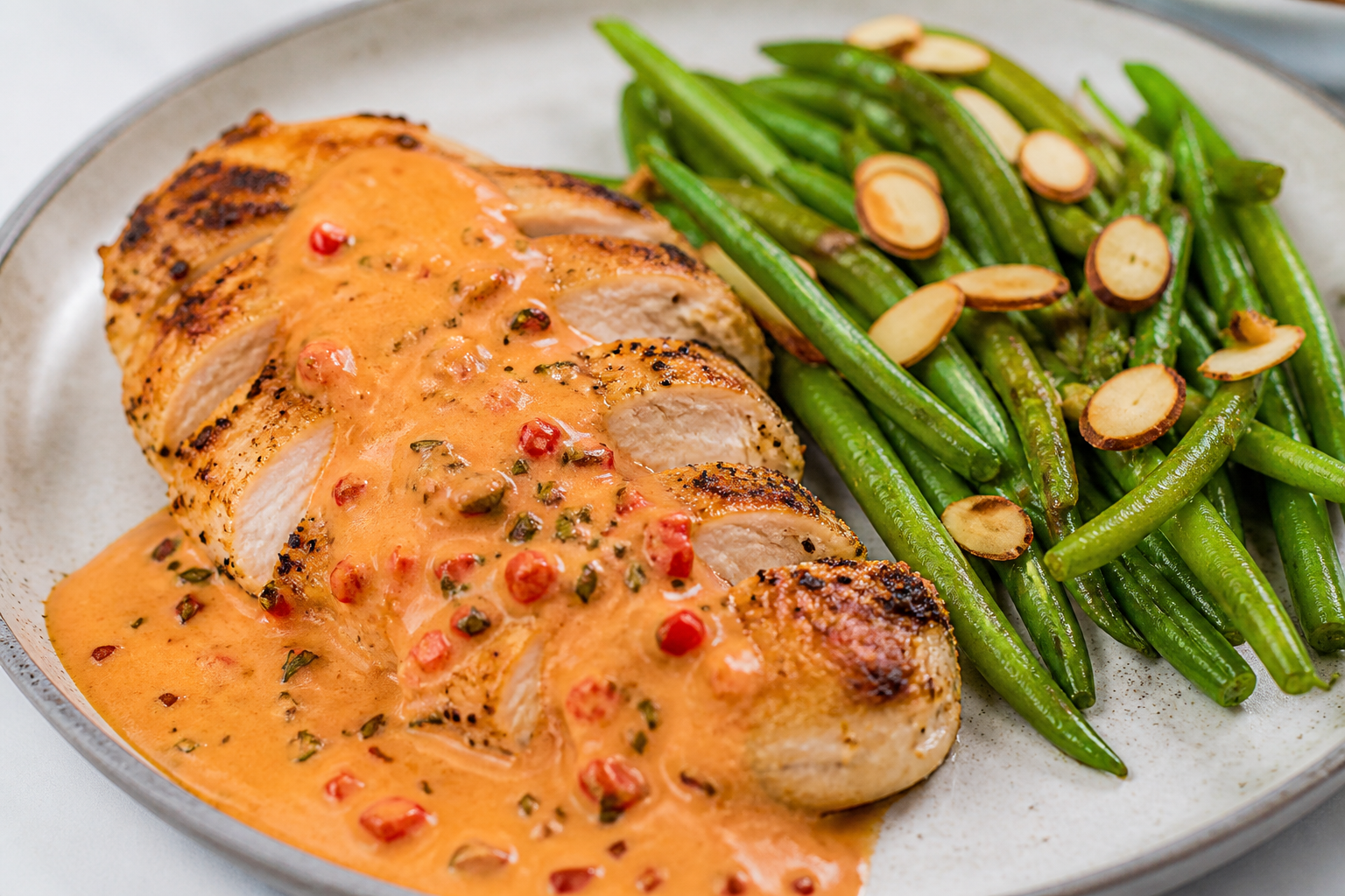 Sartén Keto de Pollo en Salsa de Mascarpone, Pimiento Rojo Asado y Tomillo con Judías Verdes Almendradas