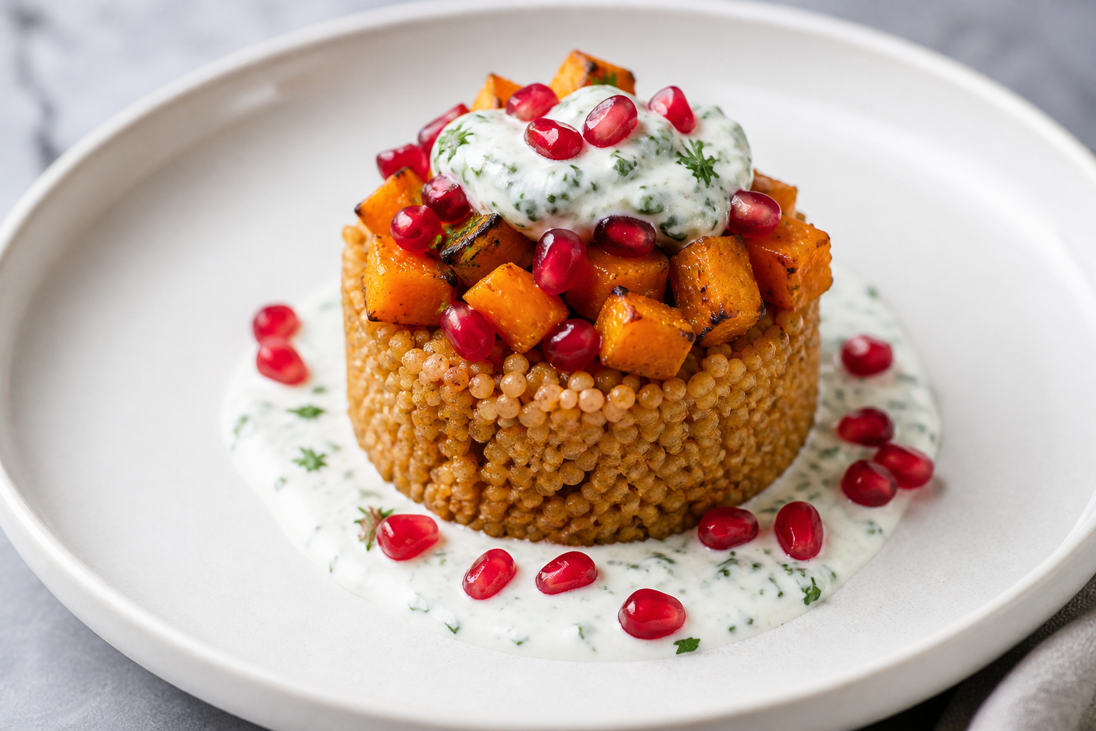Timbal de mijo crujiente con calabaza especiada, yogur de hierbas y semillas de granada