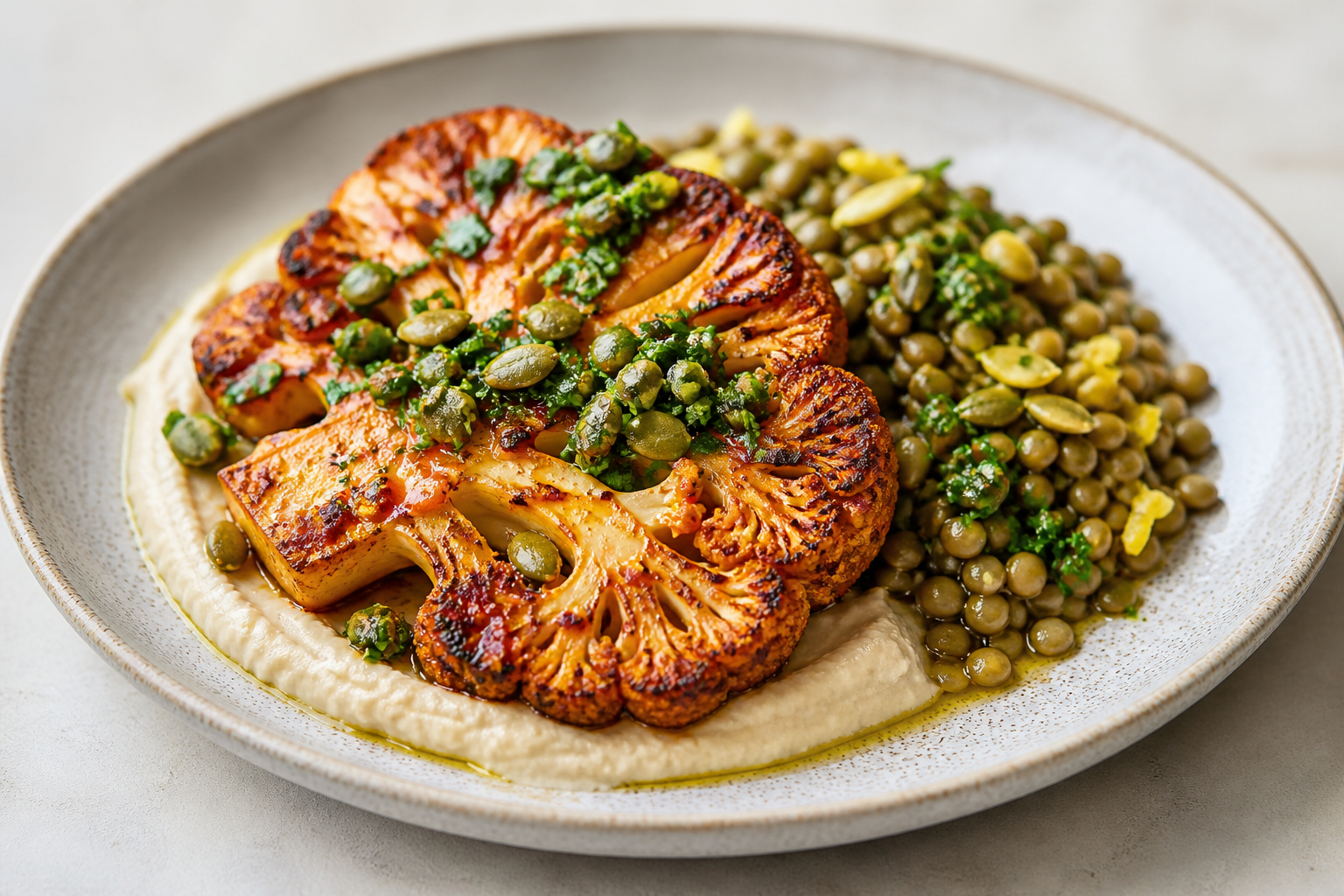 Harissa Cauliflower Steaks with White Bean Purée, Lemon Lentils, and Parsley Pepita Crunch