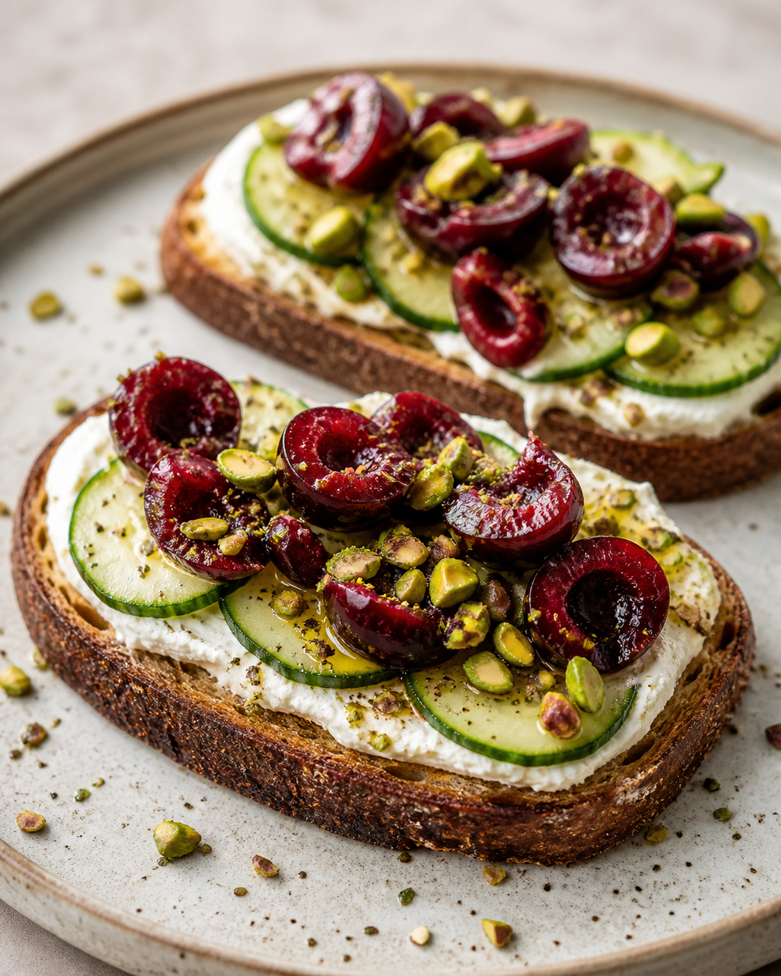 Tostadas exprés de labneh con cerezas, pepino, zaatar y pistacho