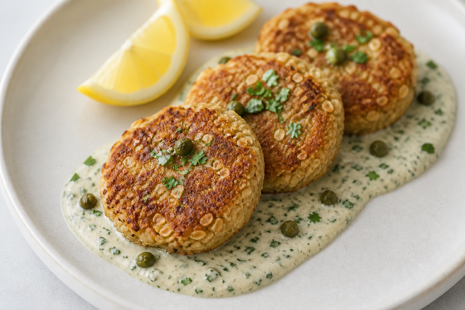 Medallones de palmito y avena en Air Fryer con crema de limón, alcaparra y perejil
