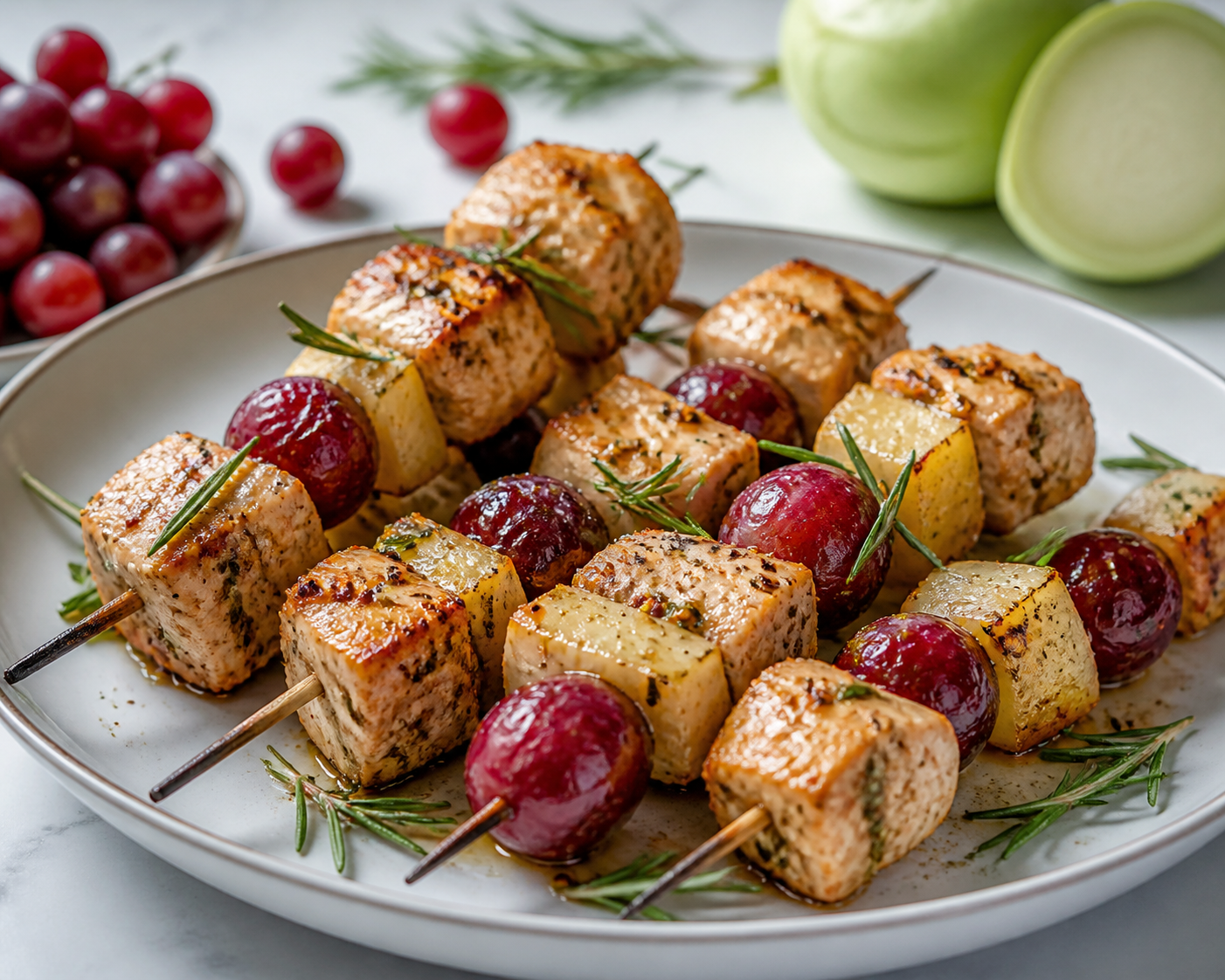 Brochetas de pollo a la parrilla con uvas rojas, colinabo y adobo de mostaza, romero y limón