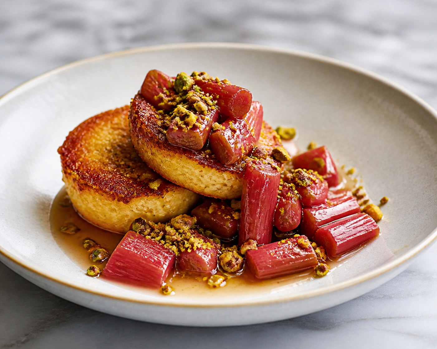 Warm Ricotta Lemon Cakes with Maple-Roasted Rhubarb and Pistachio Crumble