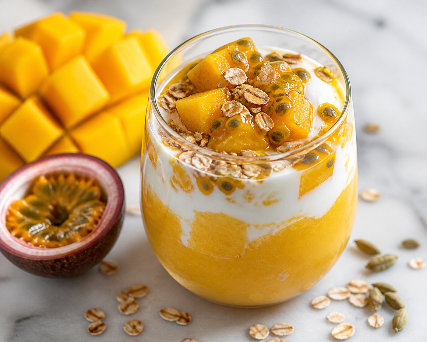 Solar Silk Smoothie with Mango, Passion Fruit, Yogurt, Toasted Oats, and Cardamom