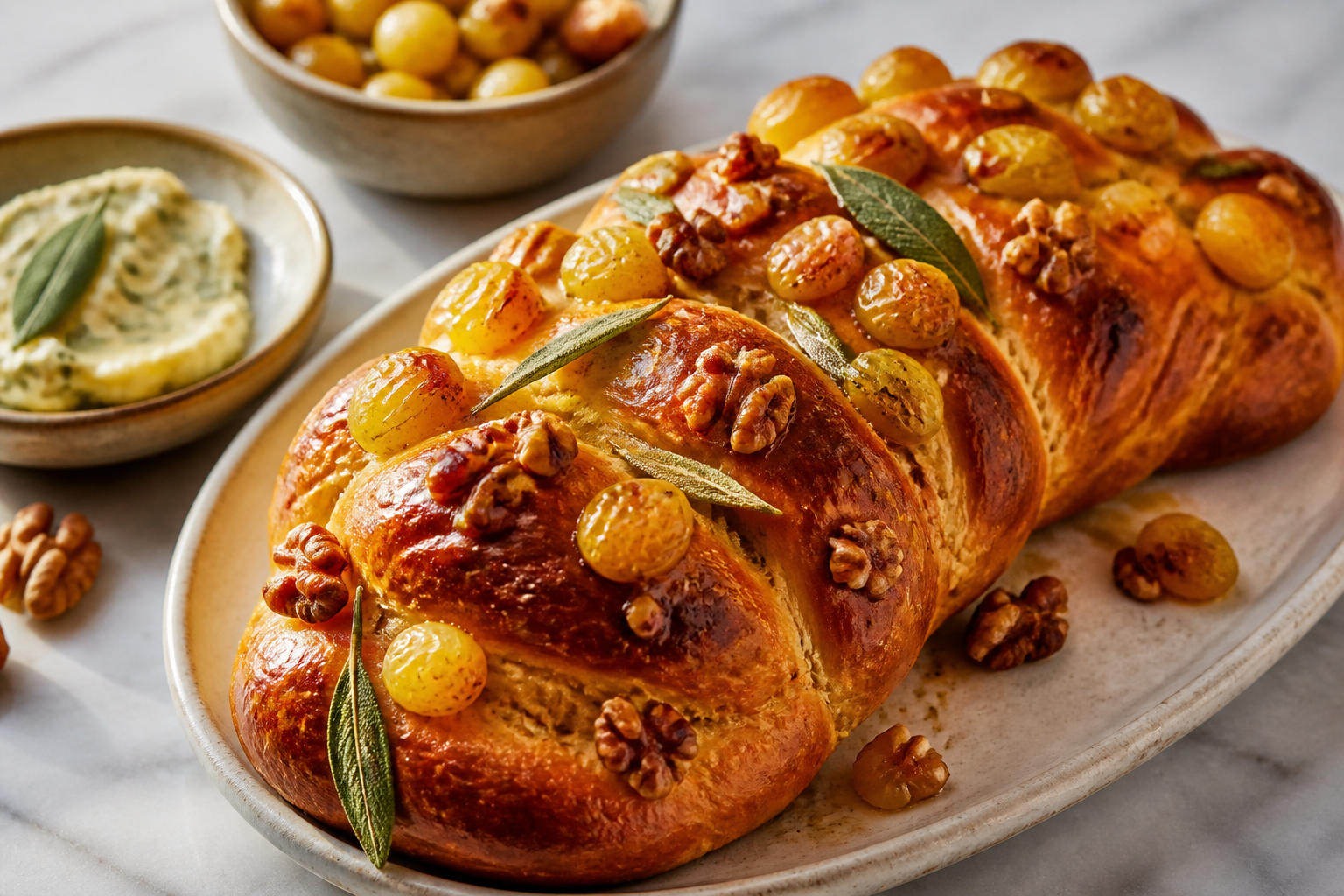 Bakery Braid with Honey-Sage Butter, Roasted White Grapes, and Walnuts