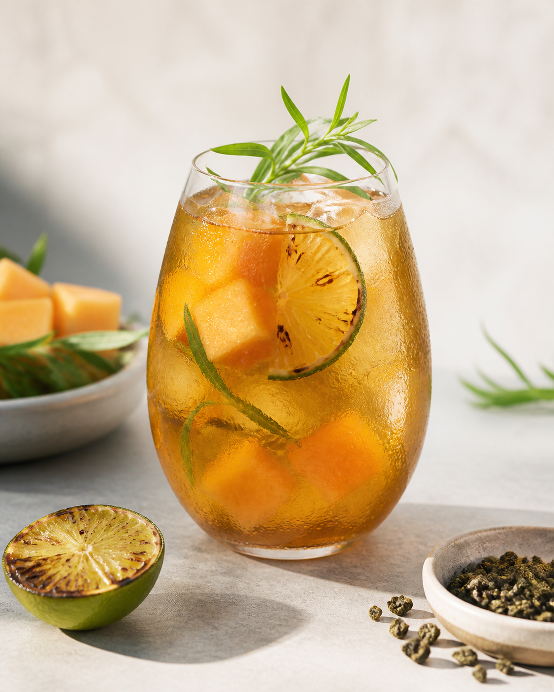 Iced cantaloupe, charred lime and oolong tea spritz with fresh tarragon