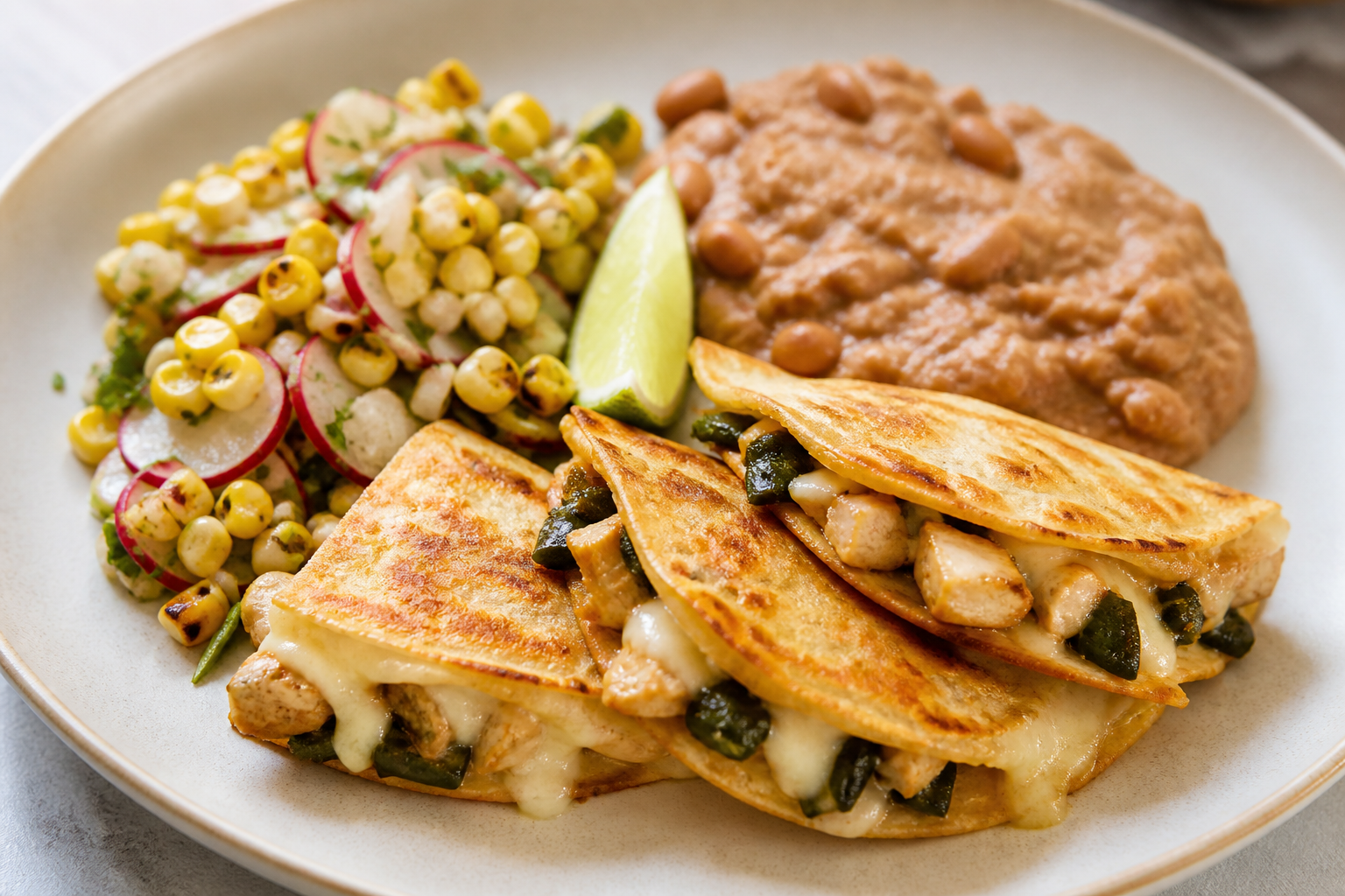 Quesadillas de pollo al chile poblano y limón con frijoles bayos cremosos y ensalada de rábano con maíz tatemado