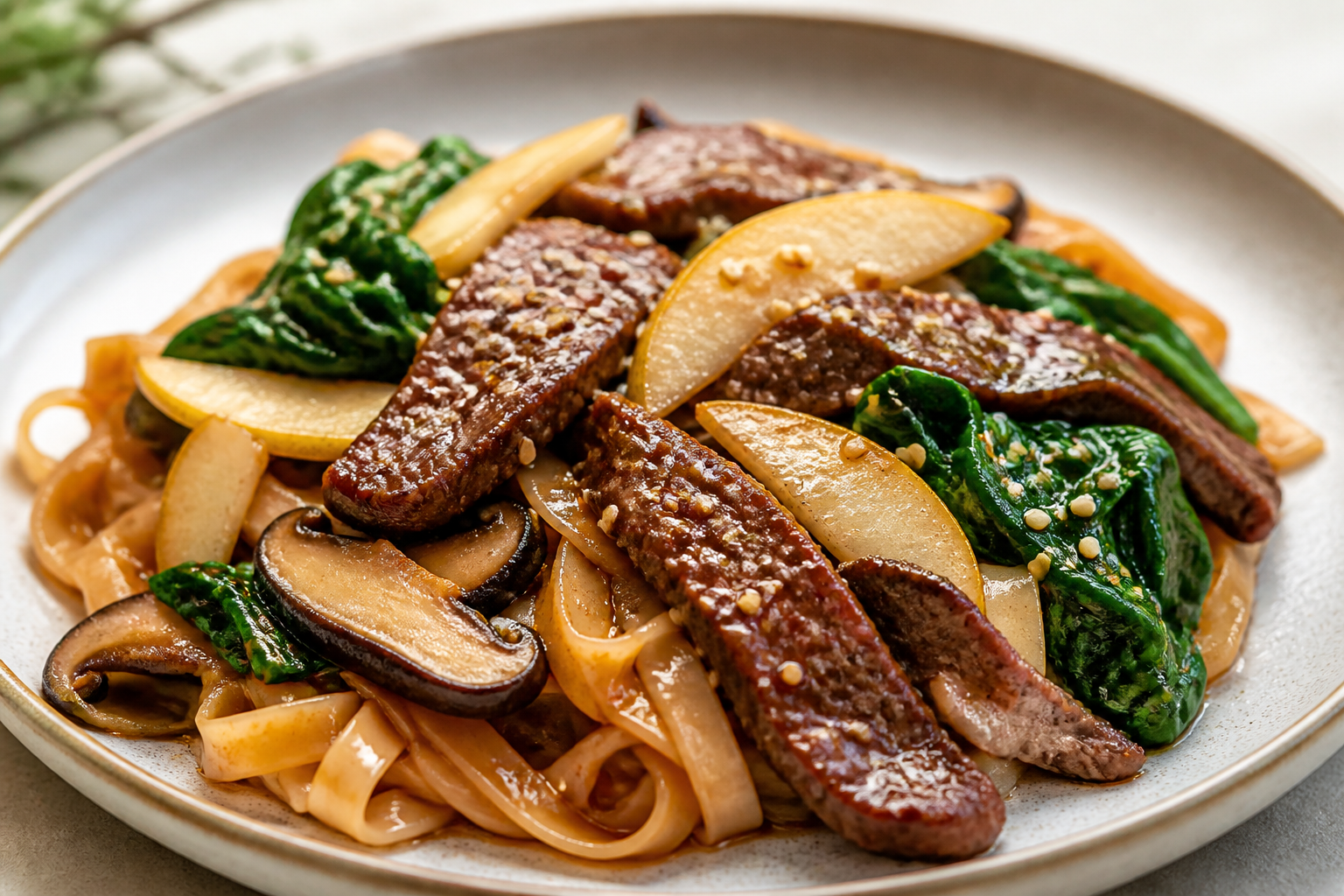 Fideos de arroz con ternera glaseada de pera y gochujang suave, shiitake salteado y espinaca con sésamo