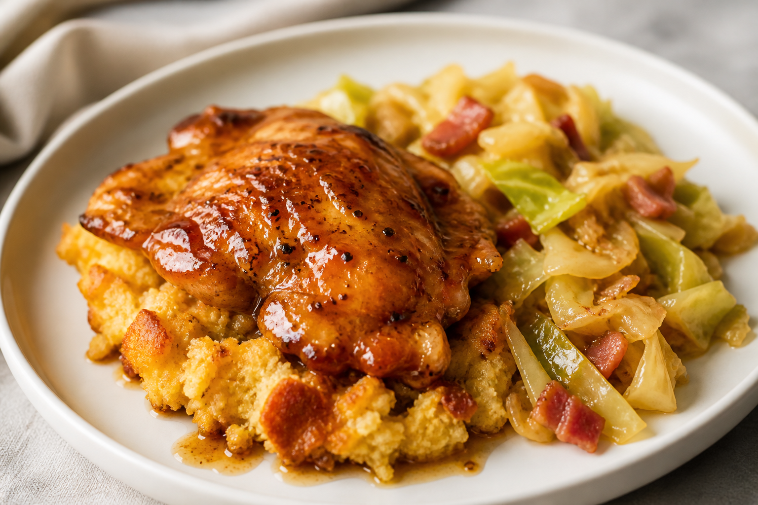 Pollo glaseado con maple y mostaza sobre pudín salado de pan con maíz y ensalada tibia de repollo con tocino