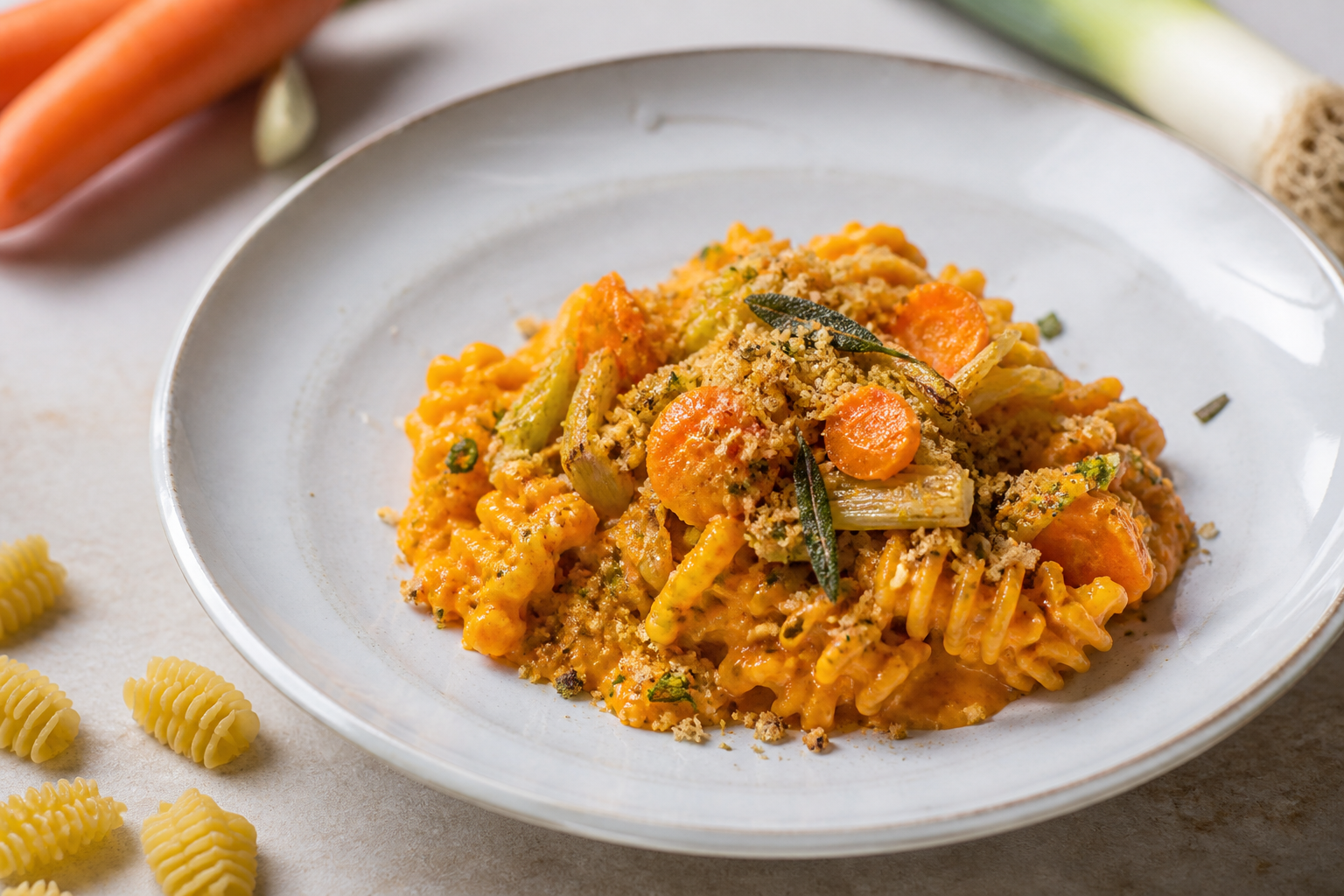 Radiatori with carrot mascarpone cream, roasted leek, and sage-orange pangrattato