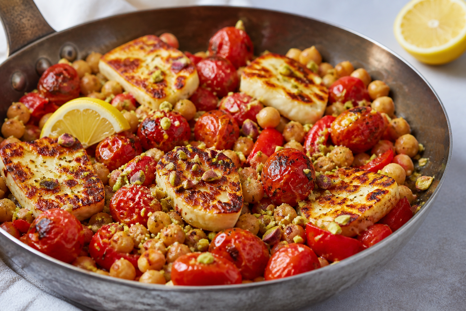 Cazuelitas Mediterráneas de Garbanzos al Limón con Halloumi Dorado, Tomates Asados y Migas de Pistacho