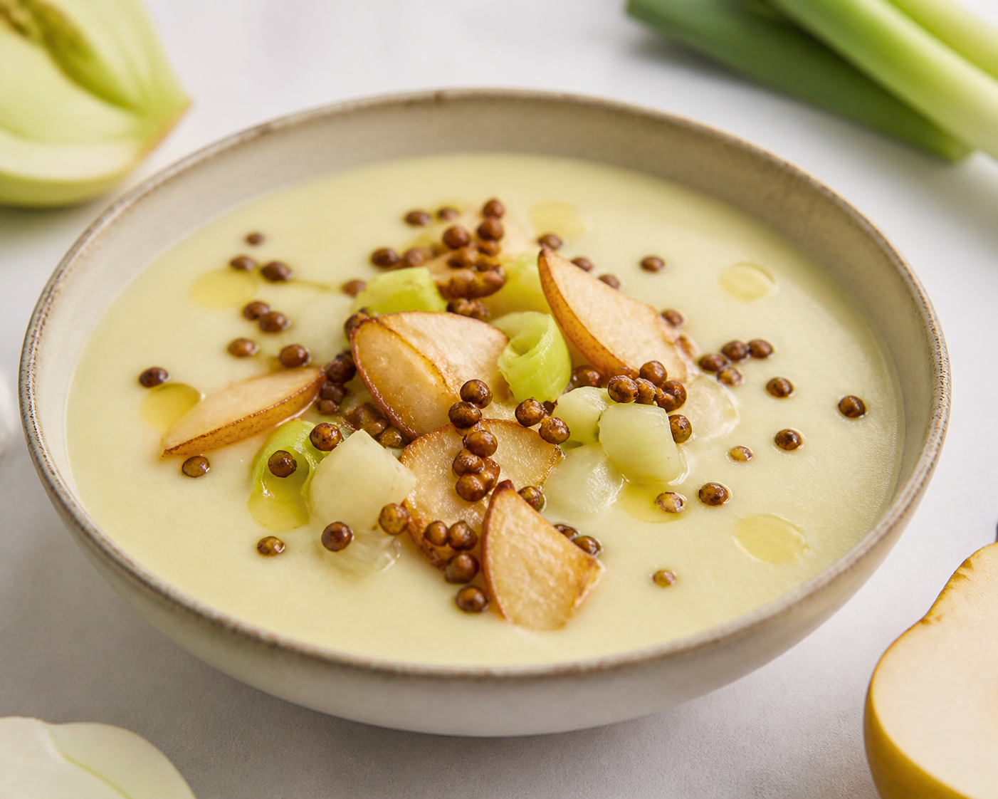 Creamy kohlrabi, leek and roasted pear soup with crispy cumin lentils
