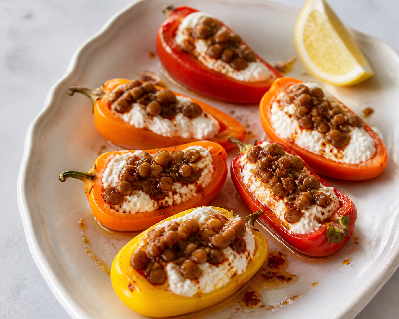 Mini peppers stuffed with lemon ricotta, crispy lentils, and paprika honey