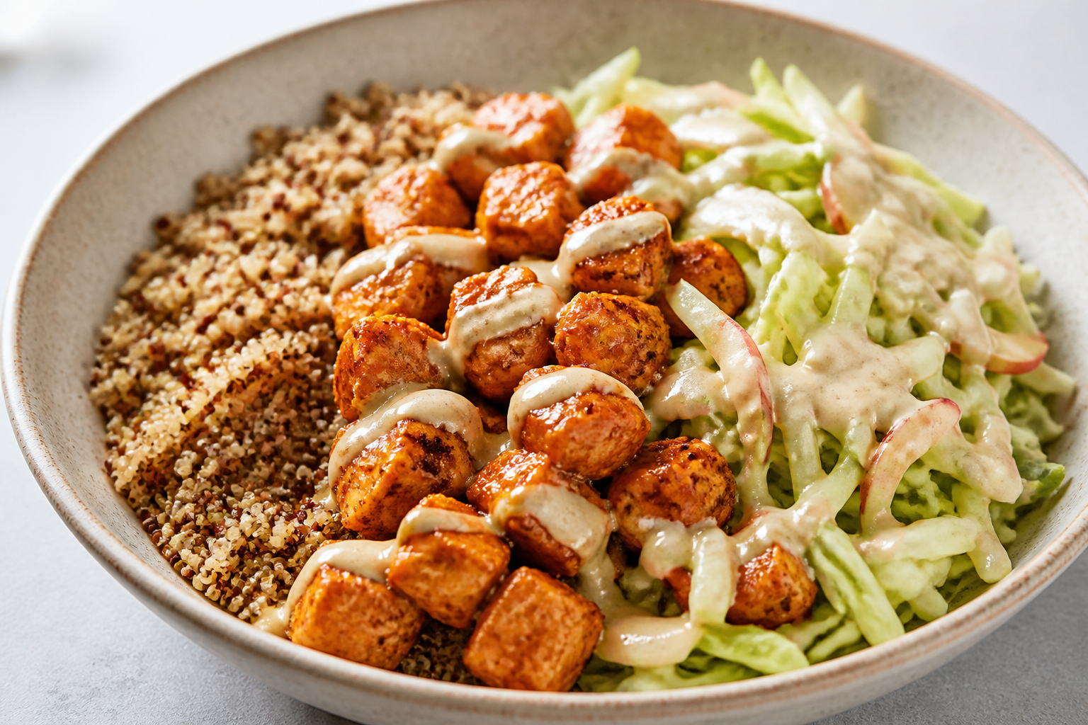 Bowl templado de pollo al tamarindo y pimentón con quinoa dorada, coleslaw tibio de manzana y aderezo cremoso de tahini-lima
