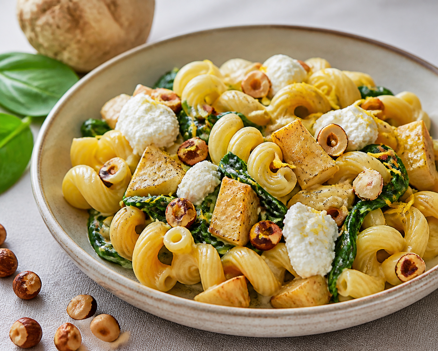 Cavatappi cremosa de apio nabo asado, espinaca y ricotta con avellanas tostadas y limón