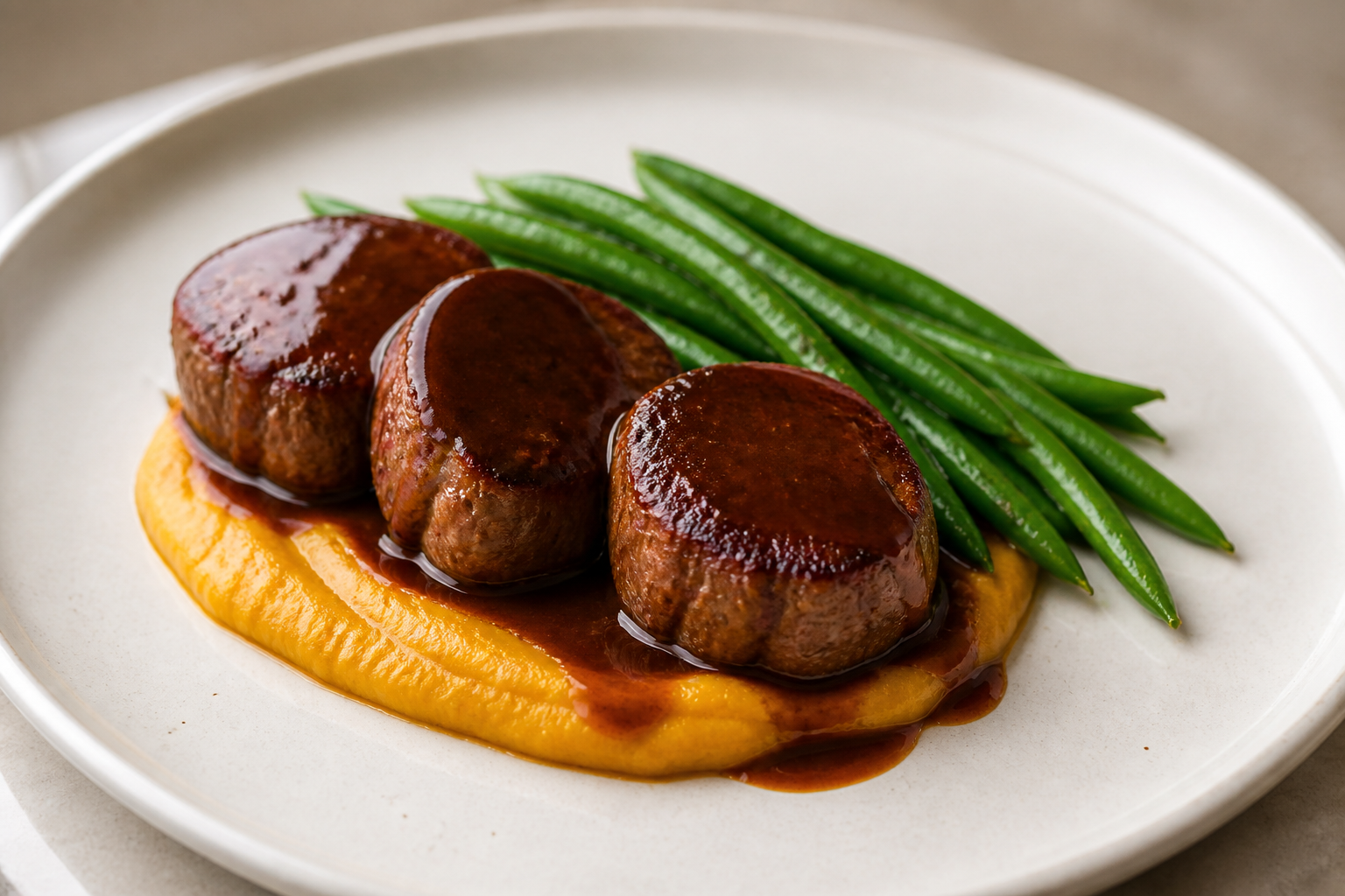 Beef Medallions with Tamarind, Chipotle and Cocoa Sauce over Plantain Purée with Garlic Green Beans