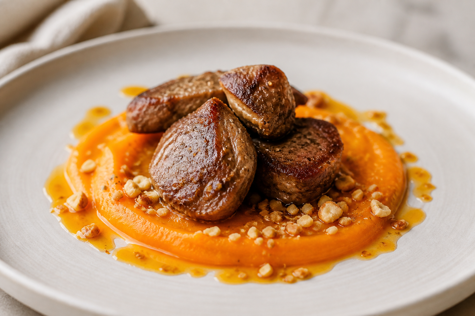 Pork Cheeks with Saffron and Orange, Roasted Carrot Cream, and Crunchy Almond Crumbs