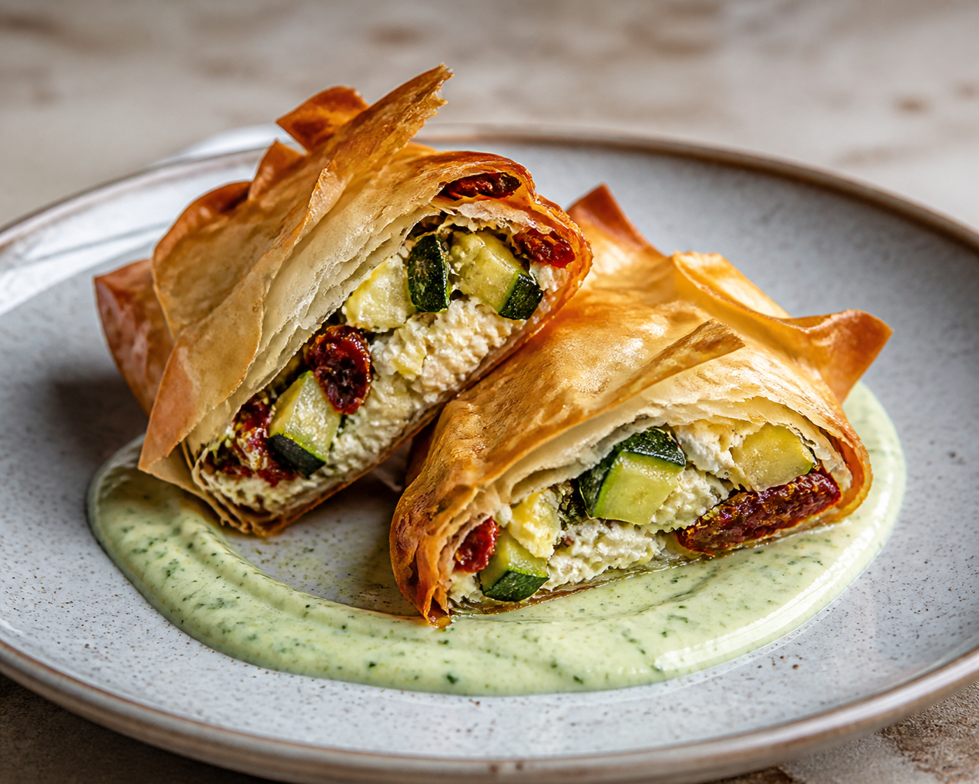 Crispy phyllo parcels with zucchini, ricotta and sun-dried tomato with warm basil cream