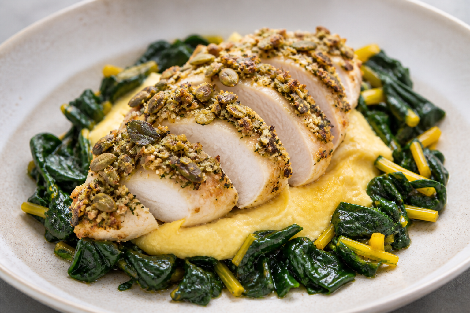 Garlic Chicken with Pumpkin Seed-Sage Crust over Rutabaga Mash and Lemon Swiss Chard