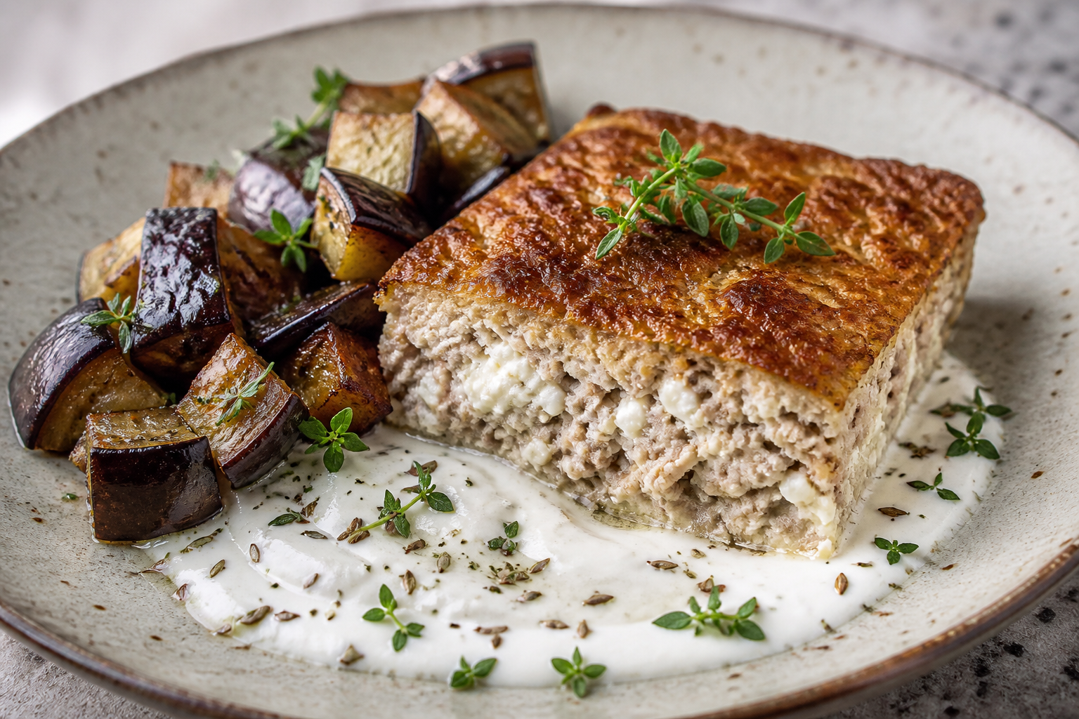 Pastel Rústico de Pavo y Requesón con Costra de Garbanzo, Berenjena Asada y Salsa Tibia de Yogur al Comino