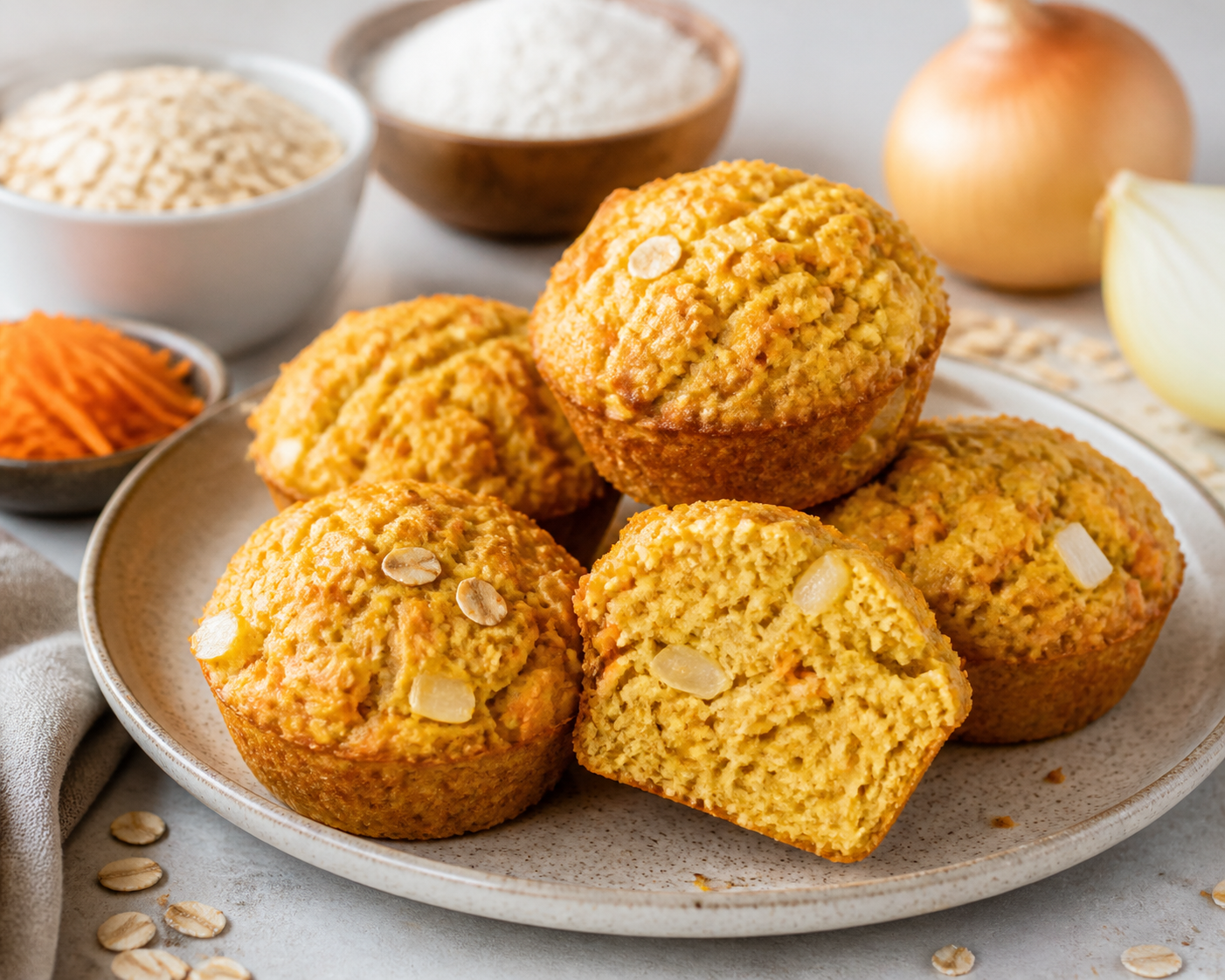 Muffins Económicos Salados de Avena, Zanahoria y Queso con Cebolla Dorada