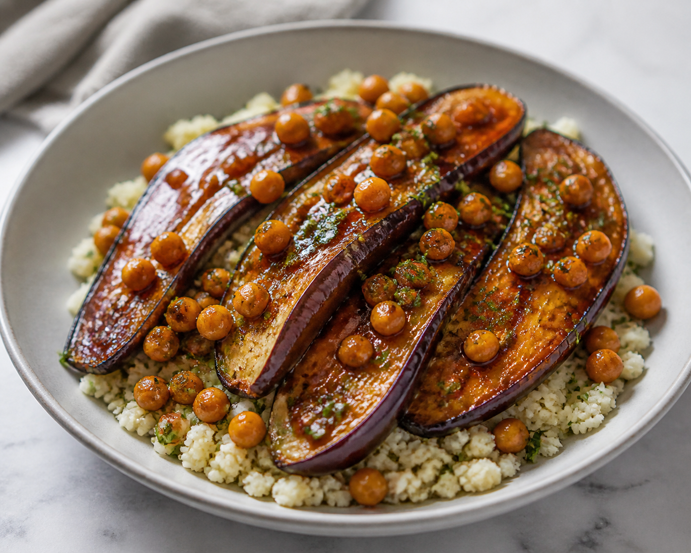 Berenjenas lacadas con miso y naranja sobre arroz de coliflor con hierbas y garbanzos crujientes