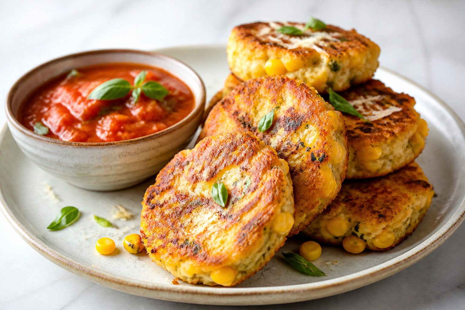 Tortitas crujientes de elote y requesón en Air Fryer con salsa tibia de tomate rostizado y albahaca
